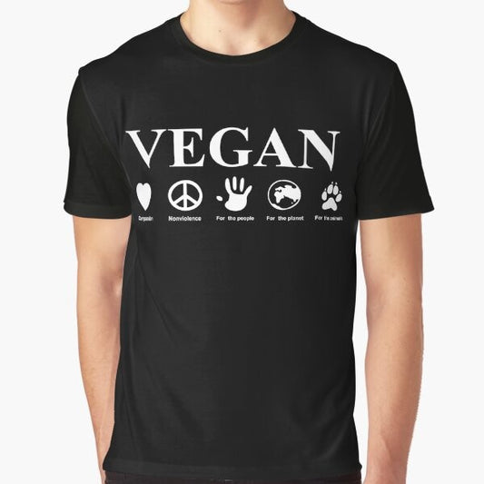 A black and white graphic t-shirt with the text "Go Vegan" and various vegan-related icons and symbols.