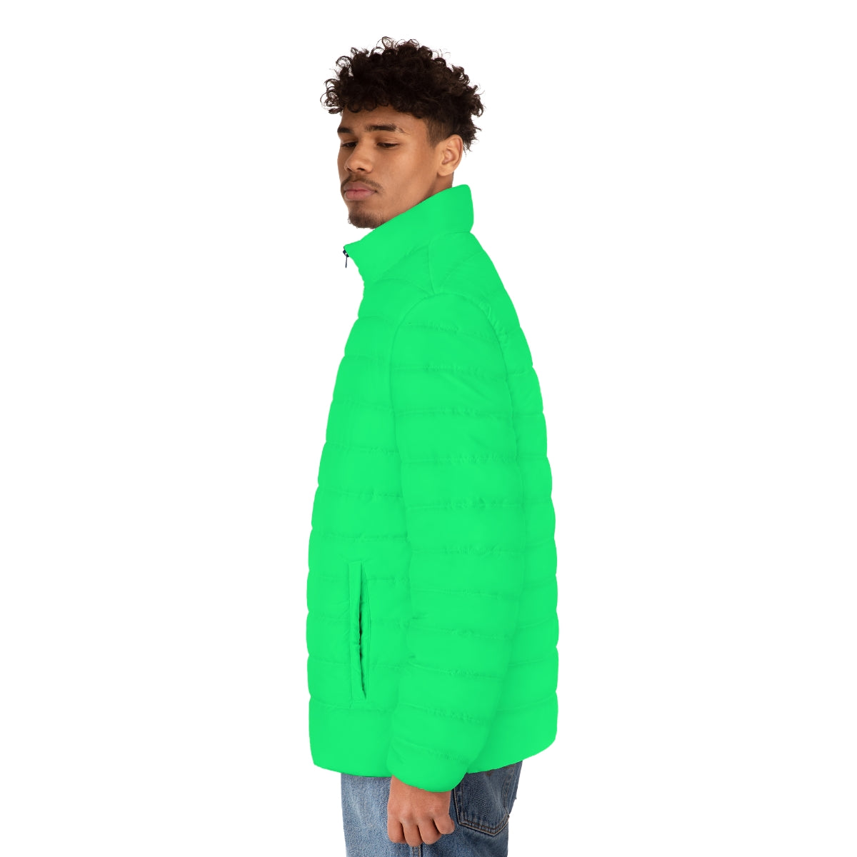 A lightweight and cozy spring green puffer jacket with a minimalist design. - men side left