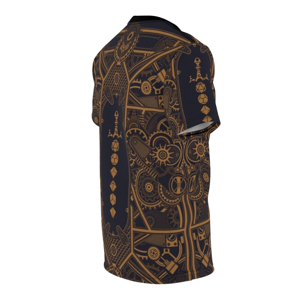 Steampunk-inspired t-shirt featuring polyhedral dice and a sword design - men right