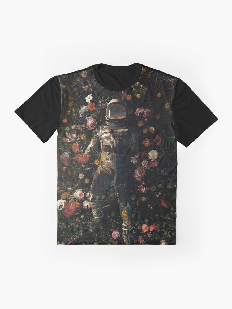 Interstellar Floral Graphic T-Shirt featuring a surreal design with flowers, space, and cosmic elements. - Flat lay