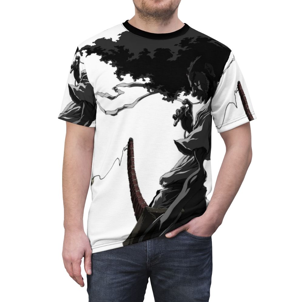 Striking Afro Samurai themed t-shirt design featuring a monochrome samurai character - men front