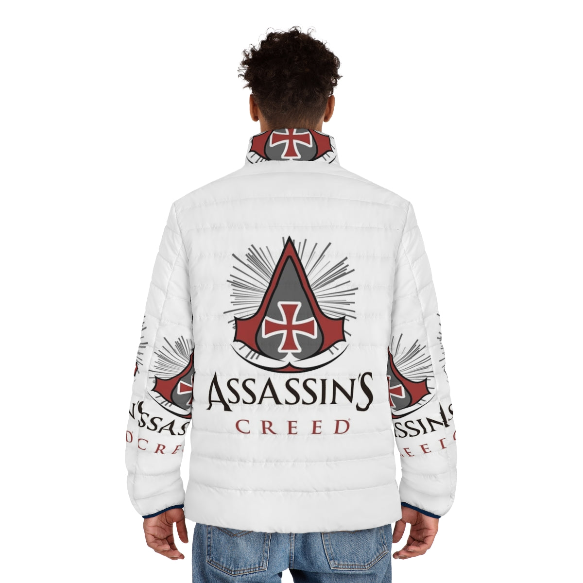 Assassins and Templars Puffer Jacket featuring popular Assassin's Creed video game characters - men back