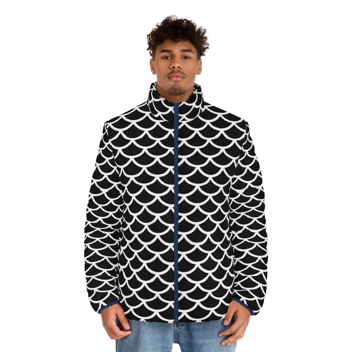 Black and white puffer jacket with a geometric fish scale pattern design - men front