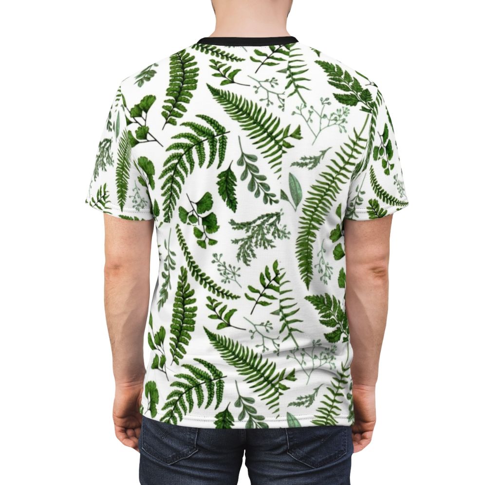 Vibrant green ferns and leaves adorning a high-quality t-shirt for nature enthusiasts. - men back