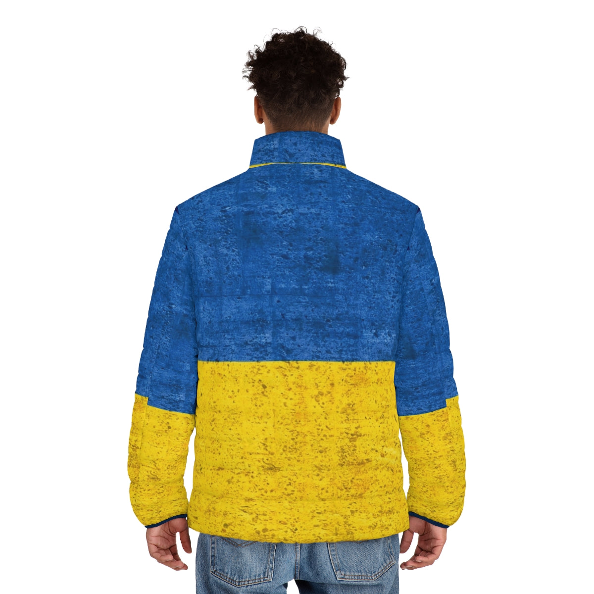 Ukrainian flag puffer jacket with blue and yellow colors - men back