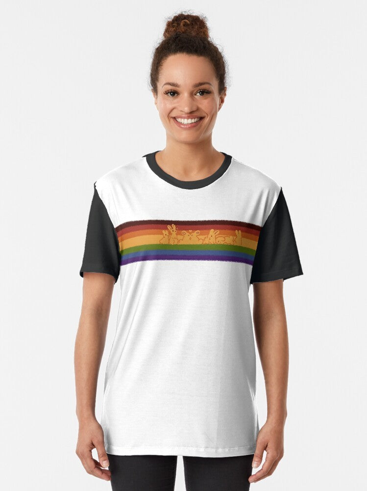 Colorful graphic of cute rainbow rabbits on a gay pride t-shirt - Women