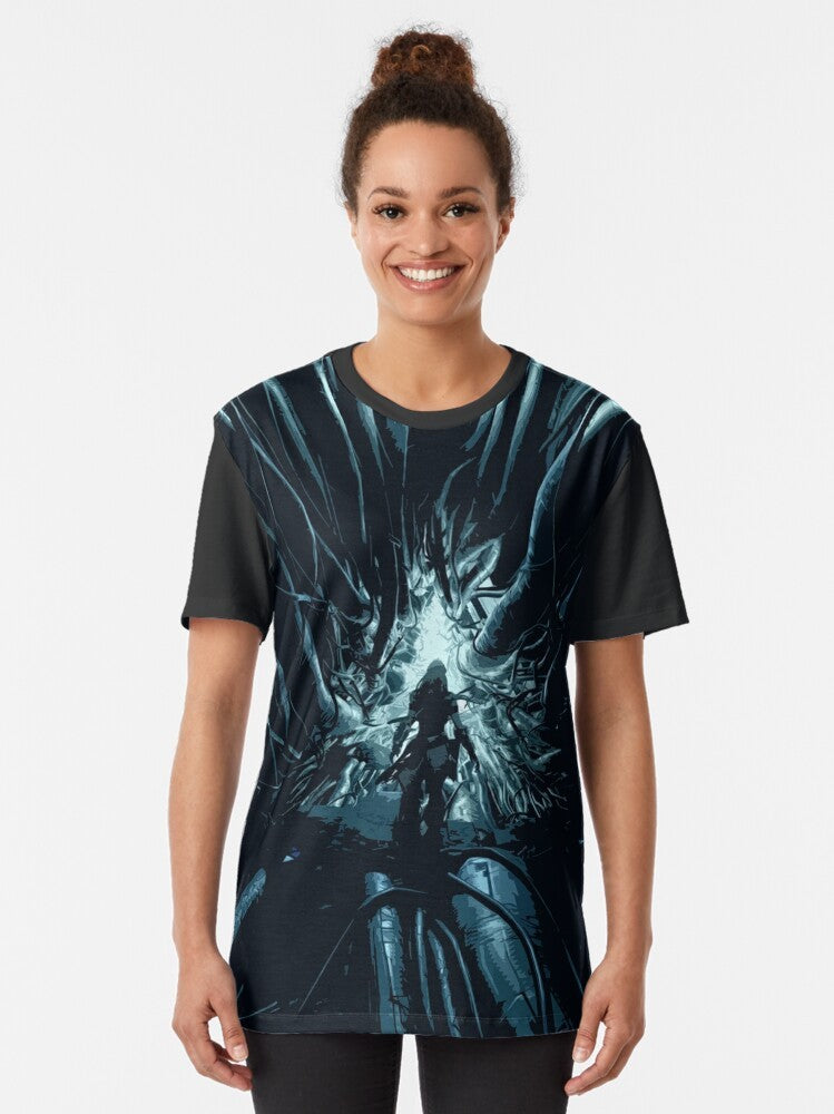 Horizon Zero Dawn Cauldron Graphic T-Shirt featuring Aloy and futuristic robotic elements - Women