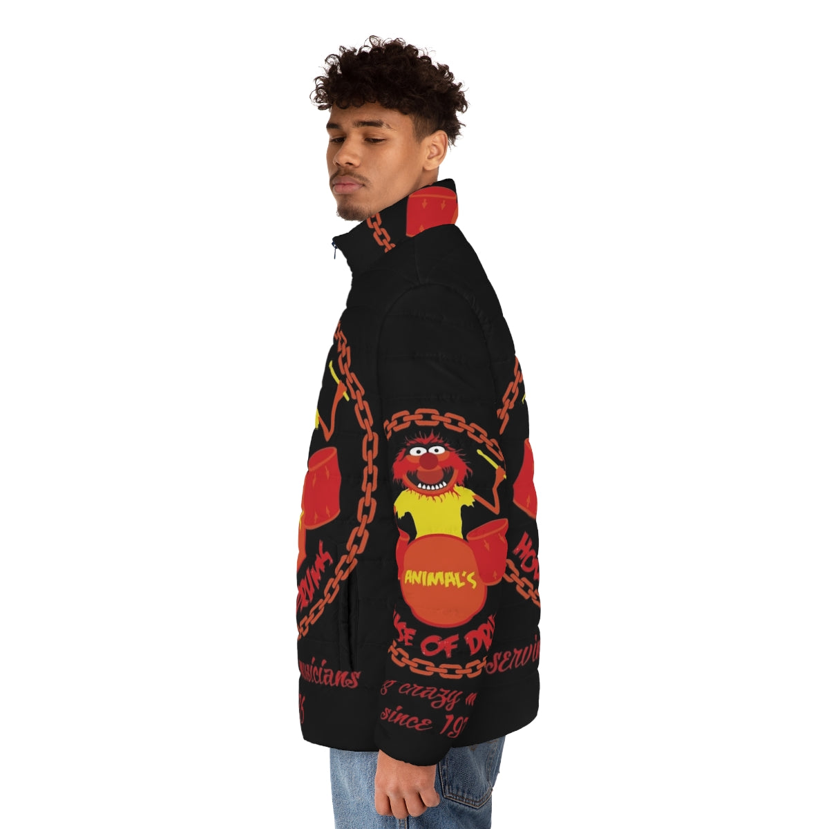 A cozy puffer jacket featuring Muppet characters and drumming motifs - men side left