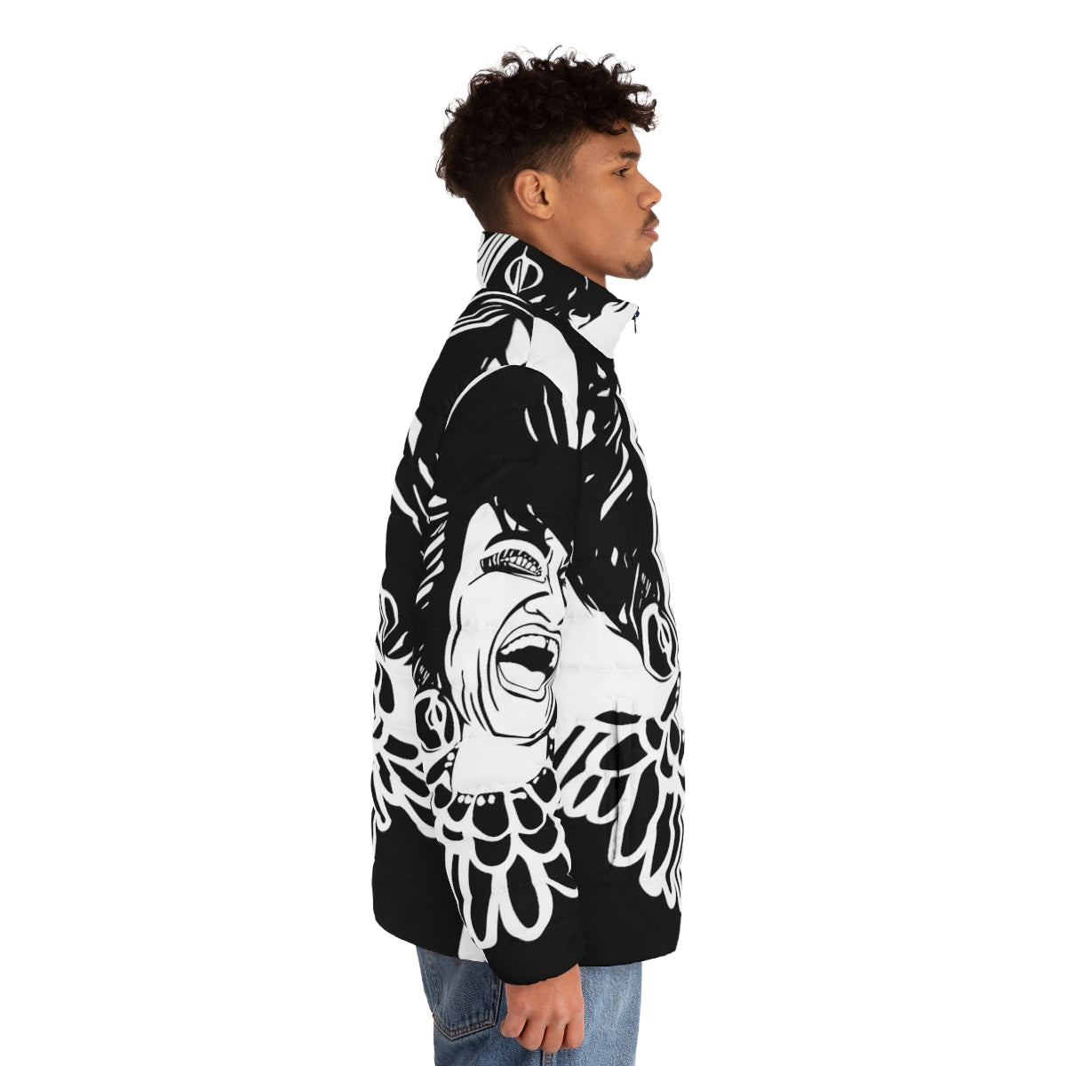 Celia Cruz Puffer Jacket featuring a black and white screenprint portrait of the iconic Cuban singer - men side right