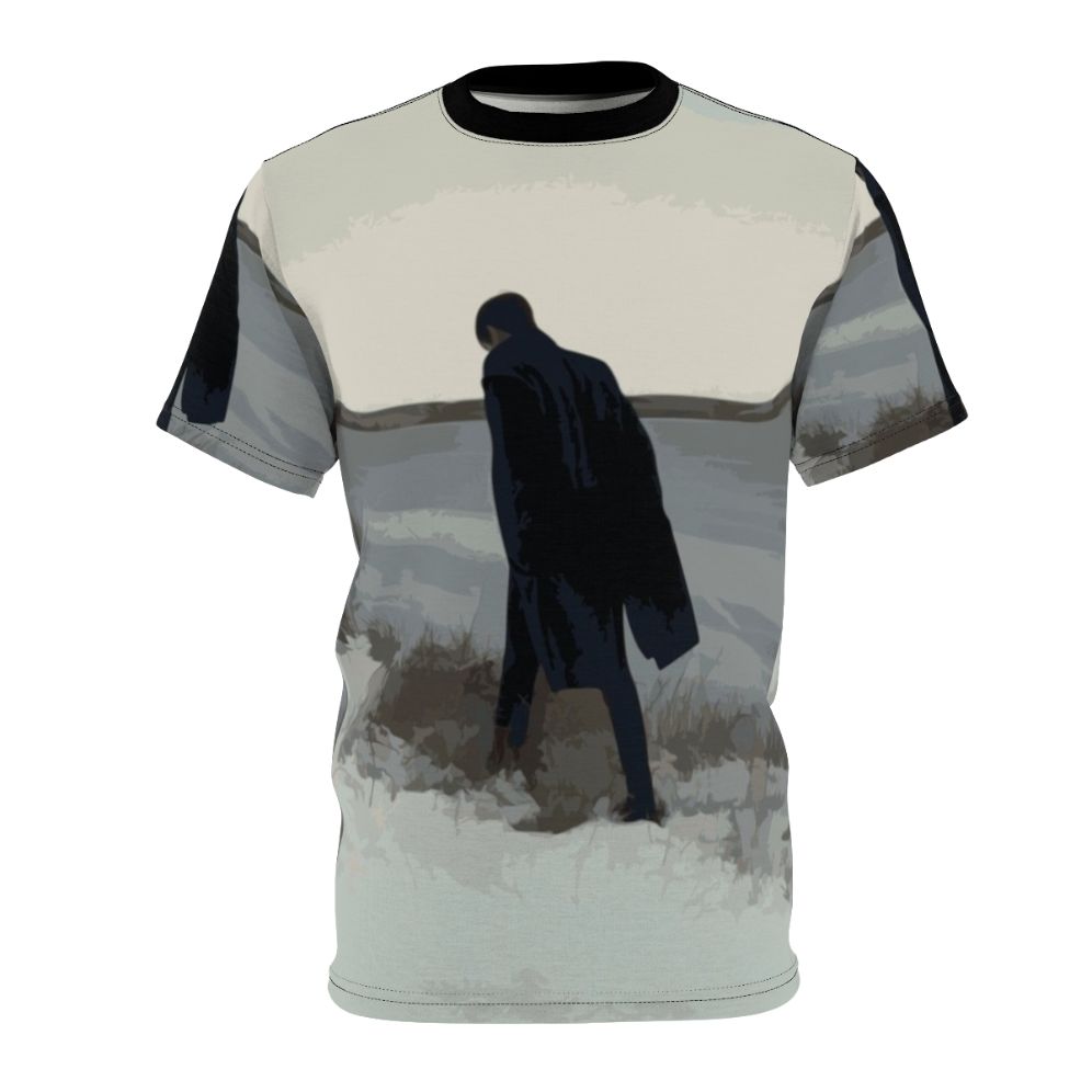 A t-shirt design featuring a minimalist figure in a coat, inspired by the emotional and introspective music of British singer-songwriter James Blake.