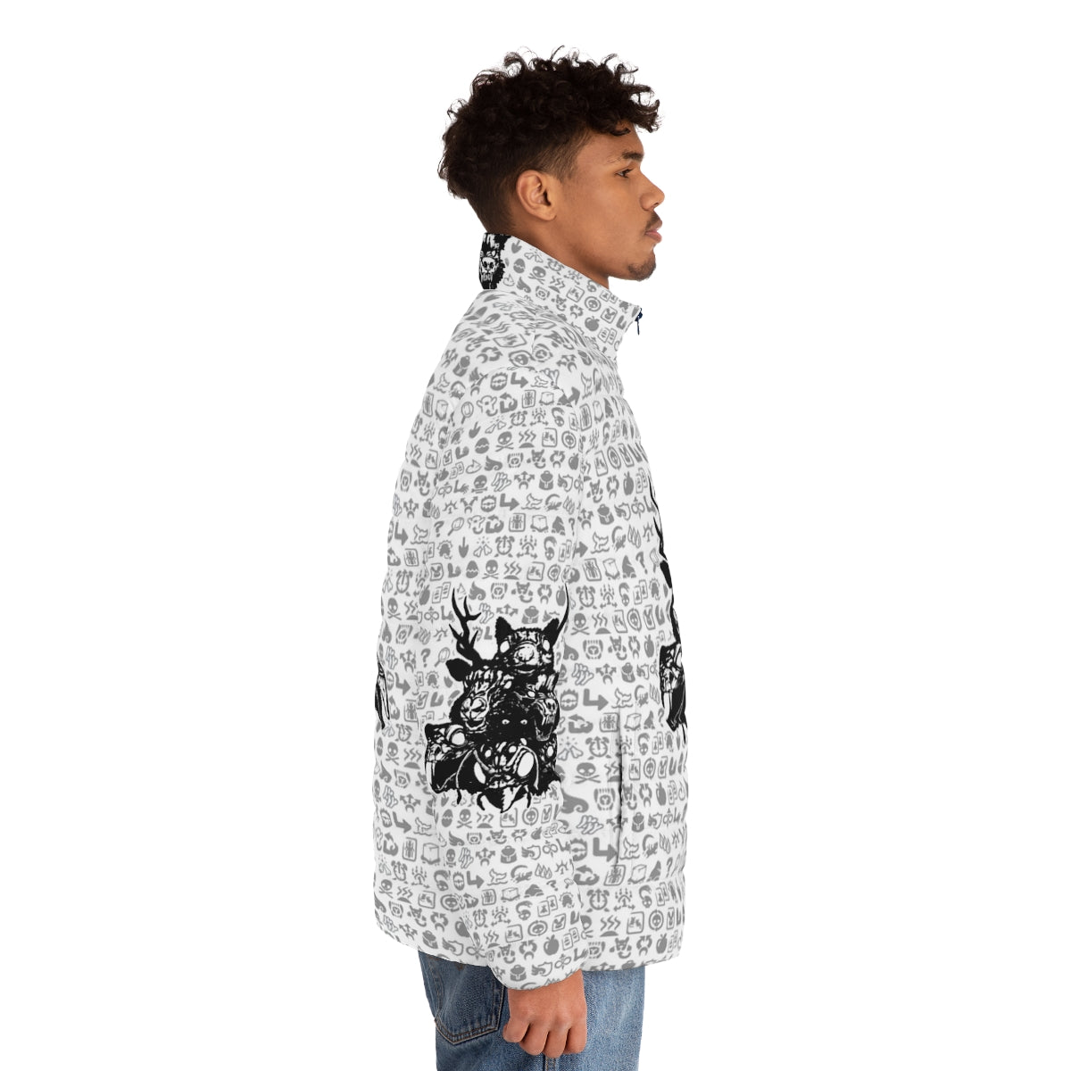 Puffer jacket with totemic animal sigils design - men side right