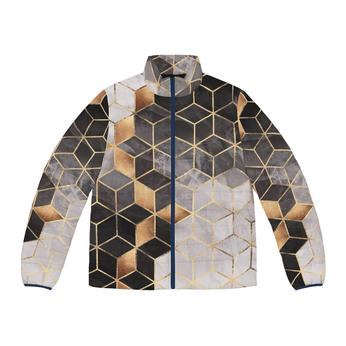 A puffer jacket with a modern geometric cubic pattern design