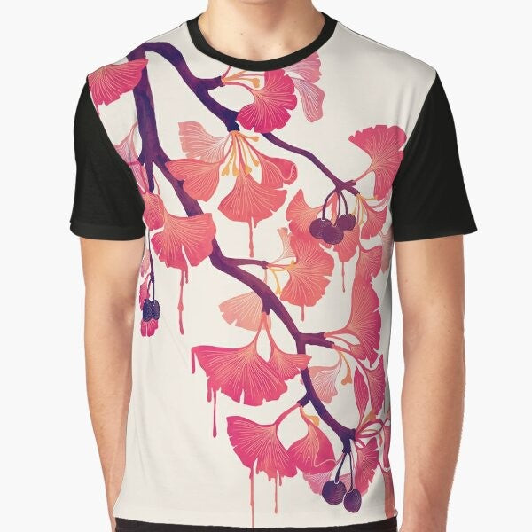 Watercolor illustration of a ginkgo tree on a t-shirt