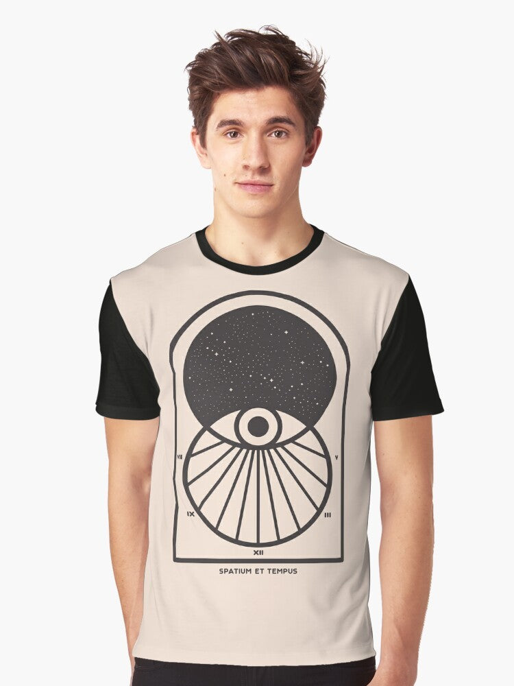 Space and Time Minimalist Graphic T-Shirt featuring a Venn diagram design with the sun, stars, and cosmic elements - Men