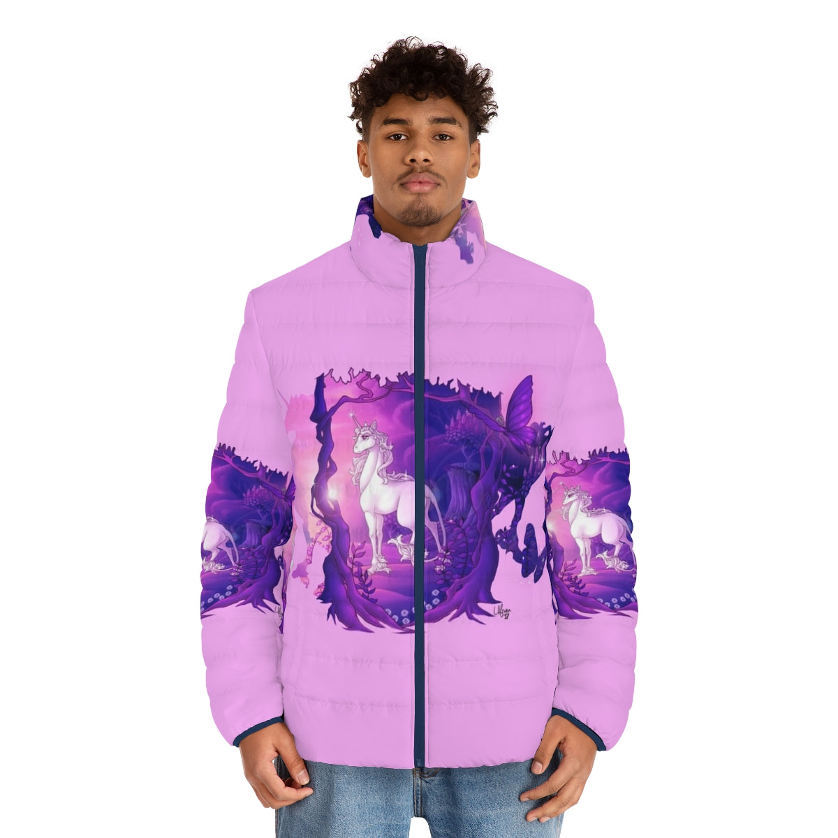 The Last Unicorn Puffer Jacket featuring the magical unicorn Amalthea - men front