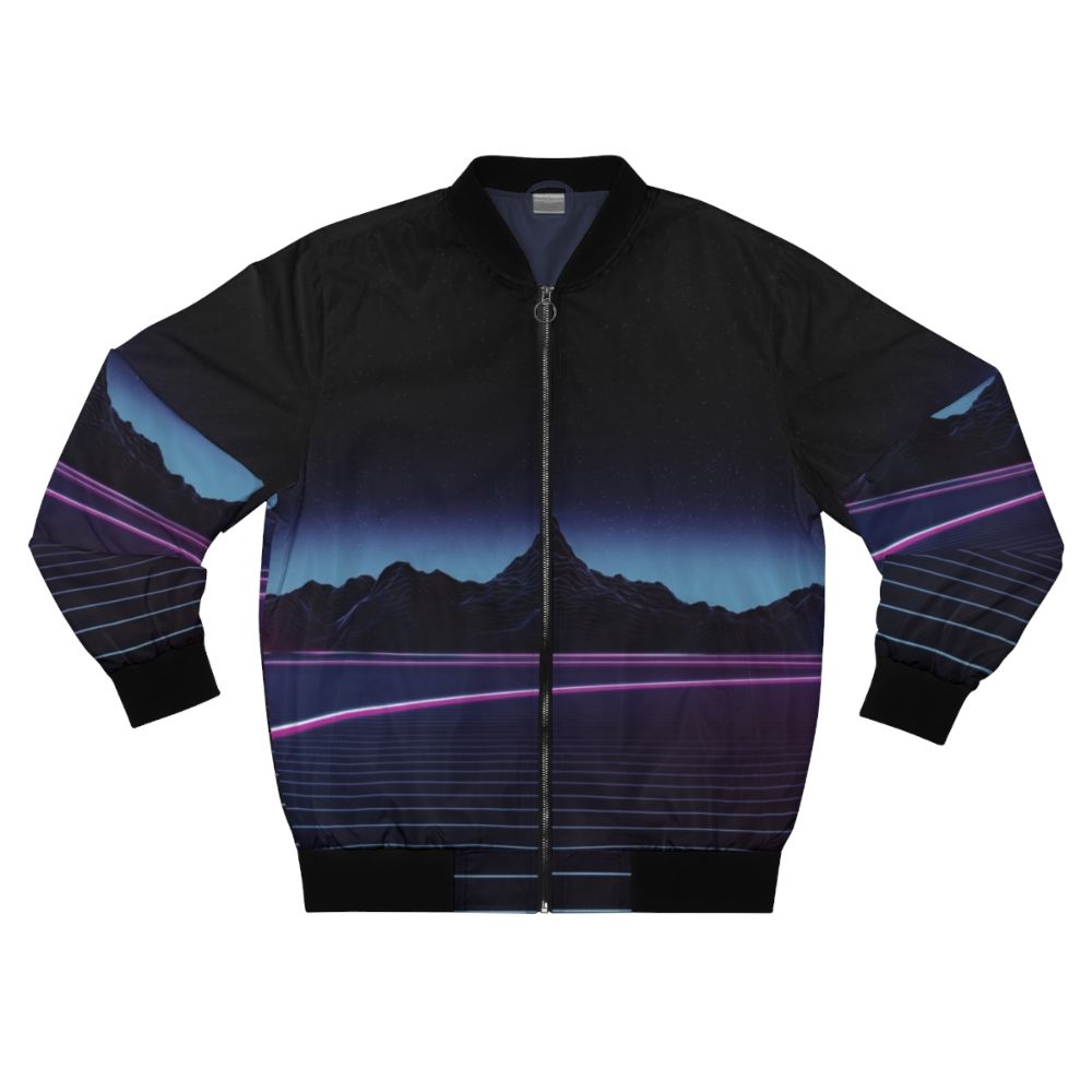 Retro highway bomber jacket with neon, abstract grid, and mountain landscape design