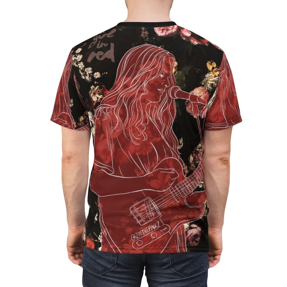 Vibrant floral design t-shirt featuring the girl in red music logo for LGBTQ+ fans - men back