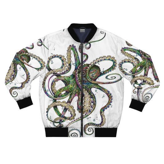 Psychedelic octopus bomber jacket with vibrant rainbow colors and tentacles