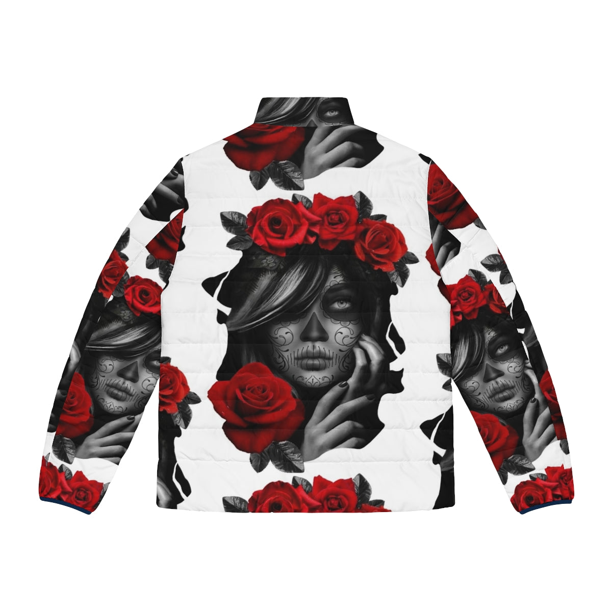 Woman wearing a Day of the Dead themed puffer jacket with sugar skull and floral design - Back