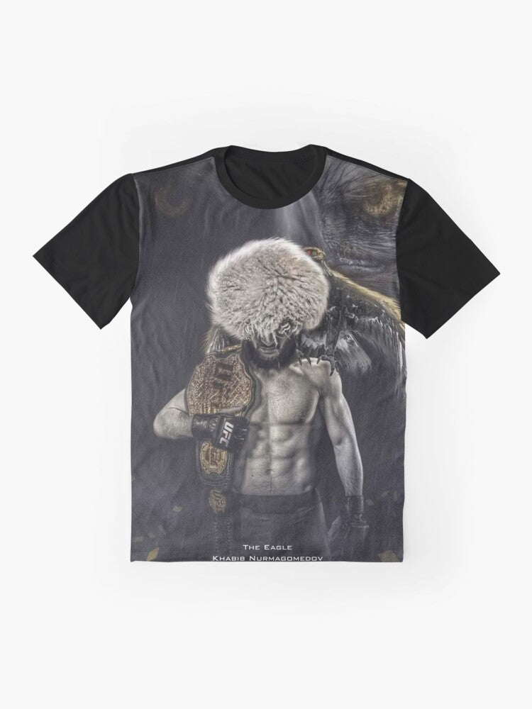 Khabib Nurmagomedov, the undefeated UFC lightweight champion and GOAT, featured on a graphic t-shirt design. - Flat lay