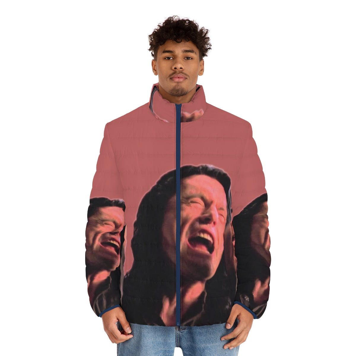 "The Room" inspired puffer jacket with "You're Tearing Me Apart, Lisa!" text - men front