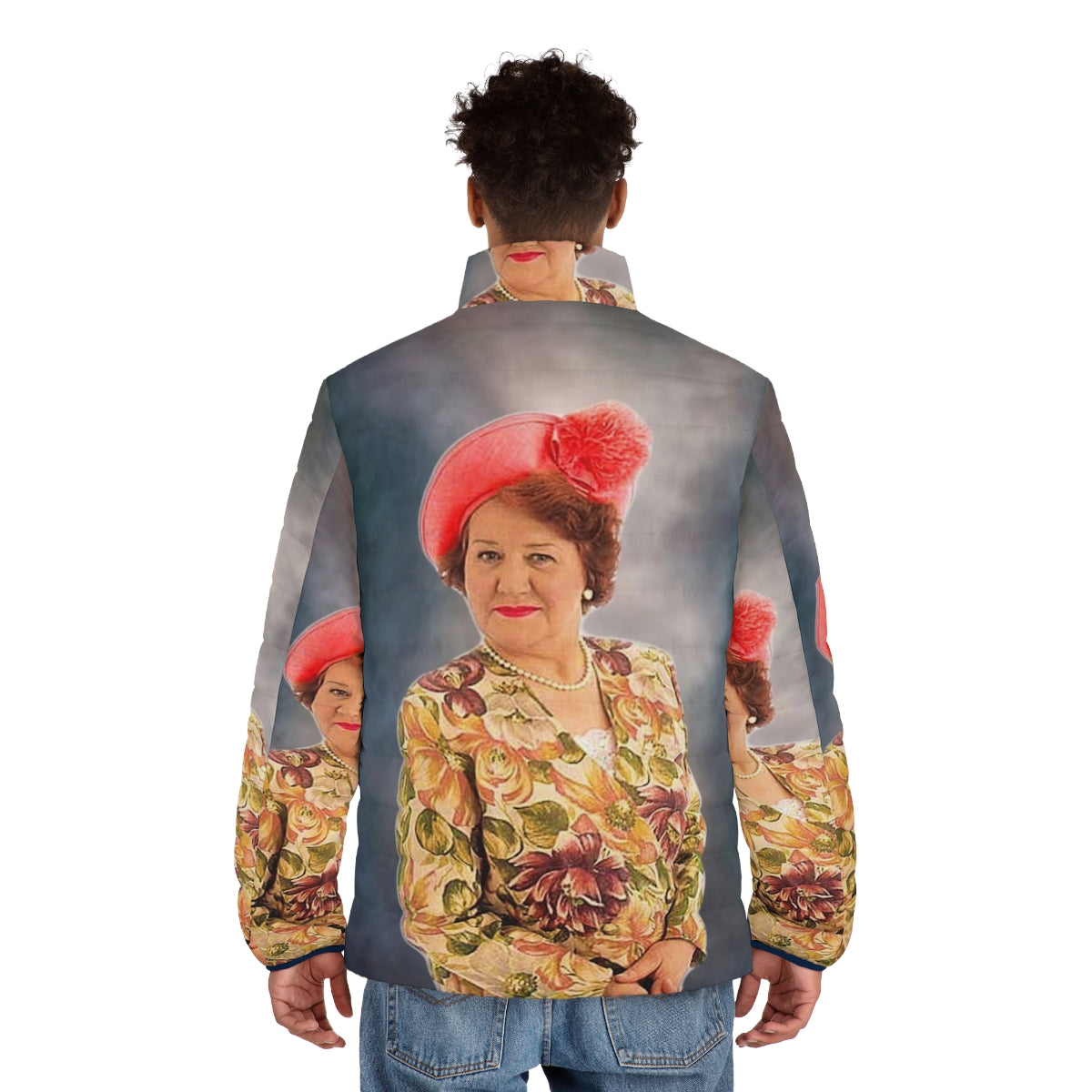 Hyacinth Bucket Puffer Jacket featuring the iconic character from Keeping Up Appearances - men back