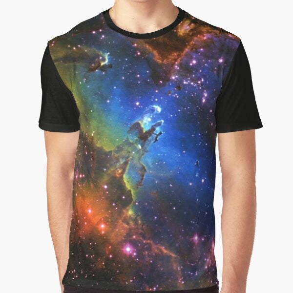 Graphic t-shirt with a stylized eagle design against a galaxy and nebula background