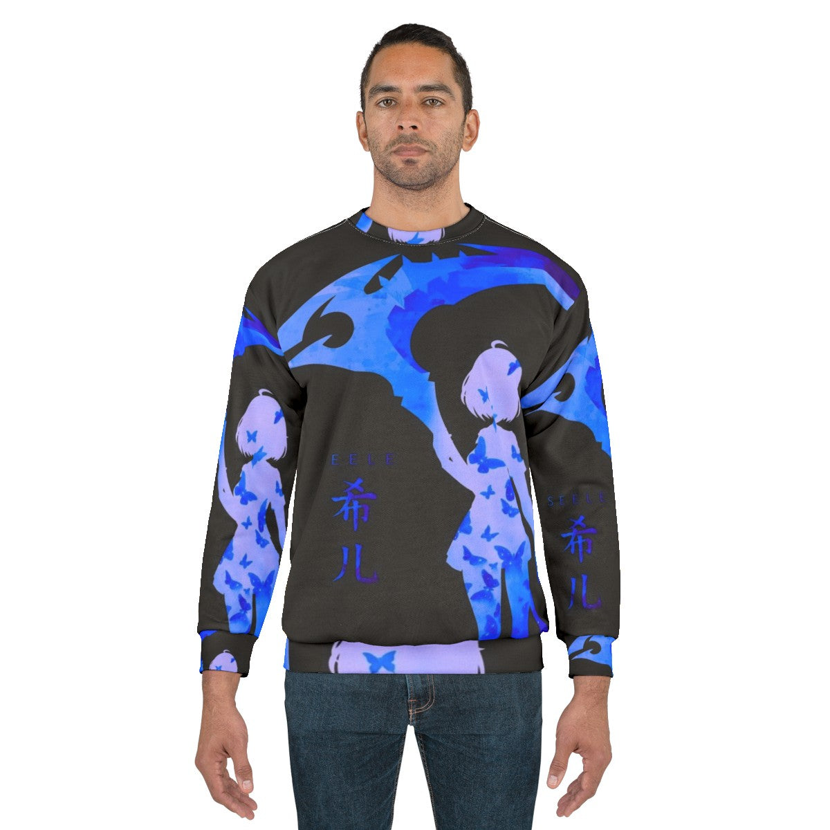 Blue Sweatshirt with Anime-style Butterflies Design - men