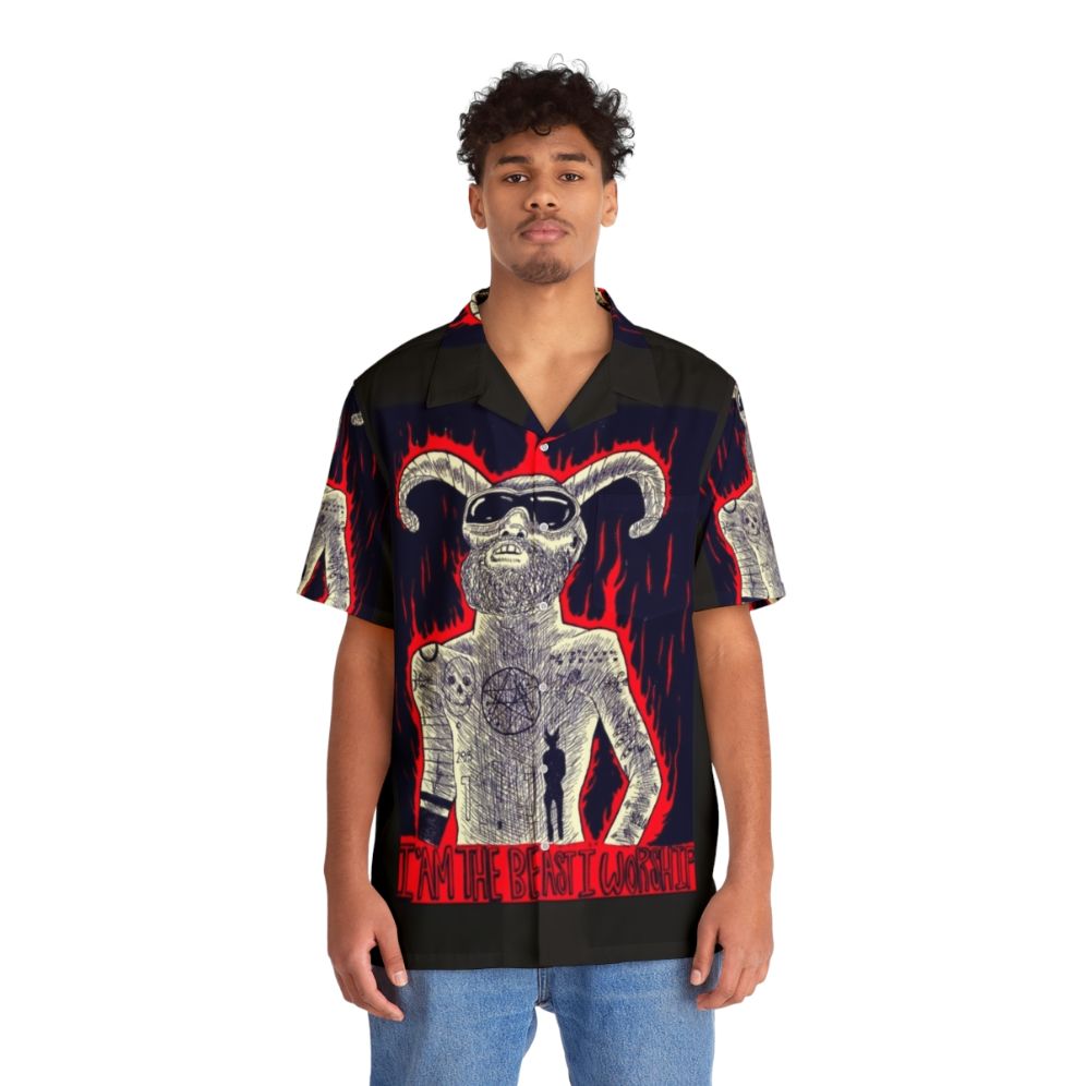 I Am The Beast I Worship Hawaiian Shirt featuring dark graphic design - People Front