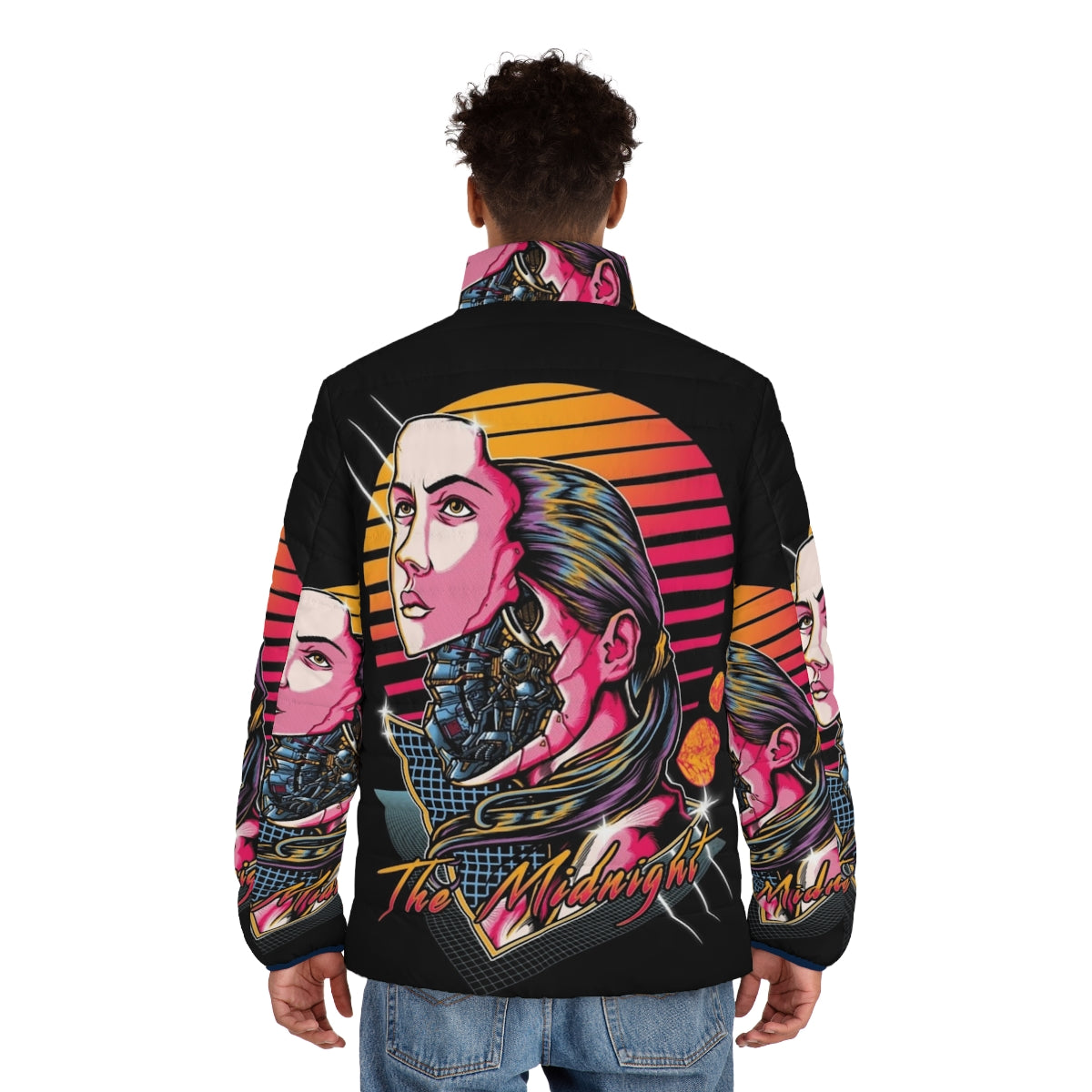 Woman wearing a black midnight puffer jacket with futuristic, cyberpunk design - men back