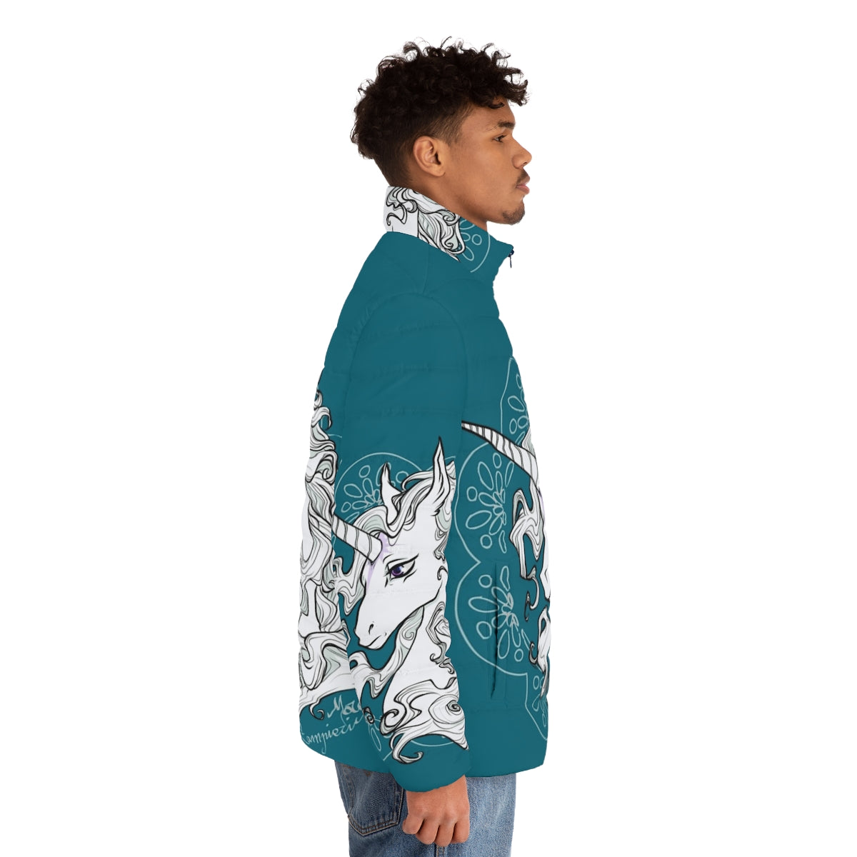 Sea green puffer jacket with unicorn and fantasy design - men side right