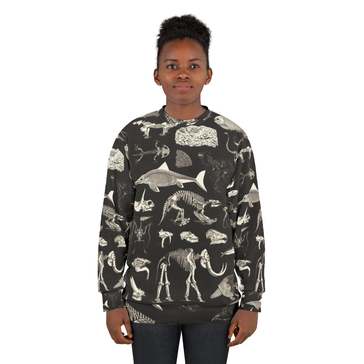 Paleontology Illustration Sweatshirt featuring fossils, dinosaurs, and skeletons - women