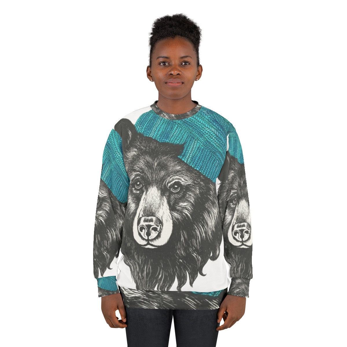 Zissou the Bear in a blue animal print sweatshirt - women