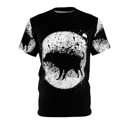 Banksy-inspired AOP t-shirt featuring a splash dog and moon design in a street art style