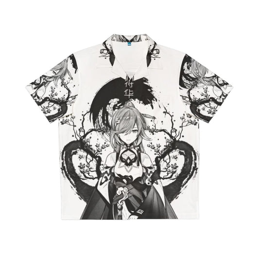 Anime-inspired monochrome Hawaiian shirt with ink splatters and gaming character designs