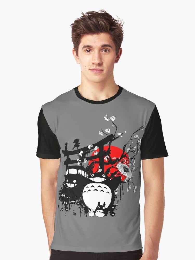 Japan Anime Graphic T-Shirt with Red Sun and Moon Design - Men