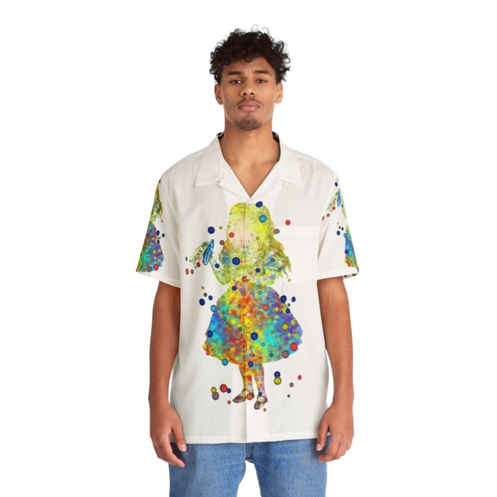 Whimsical Alice in Wonderland watercolor art printed on a colorful Hawaiian shirt - Lifestyle