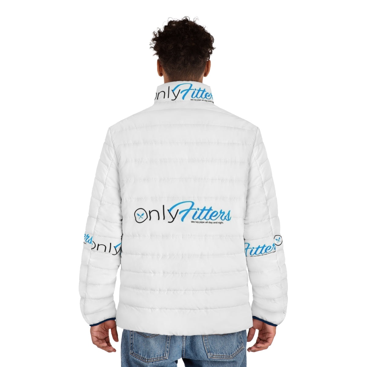 "Only Fitters" puffer jacket with plumber and pipe fitter themed graphic - men back