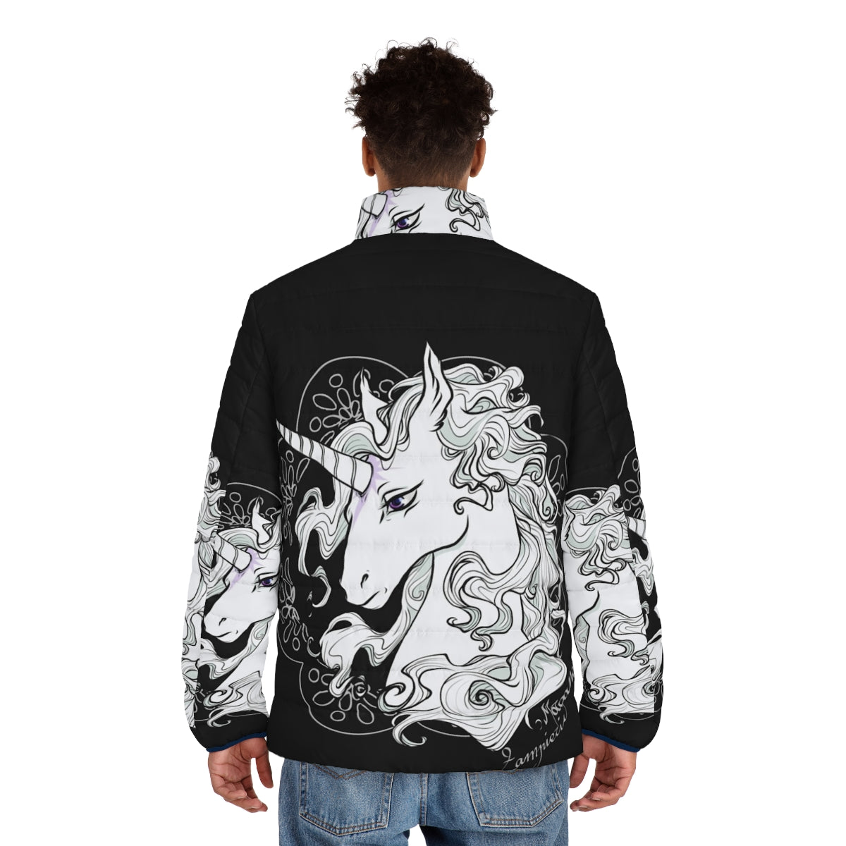 The Last Unicorn Black Puffer Jacket featuring a majestic unicorn design - men back