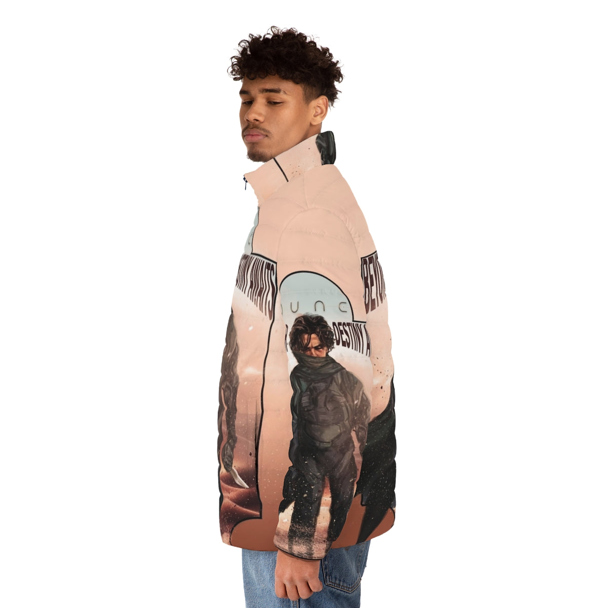 Dune 2020 Paul Atreides Puffer Jacket with Arrakis and House Atreides inspired design - men side left