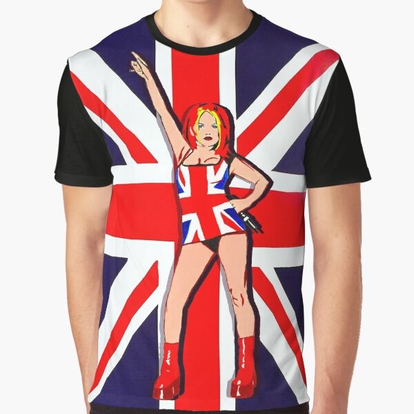 Union Jack graphic t-shirt featuring a retro pop art design inspired by 90s British music and pop culture.