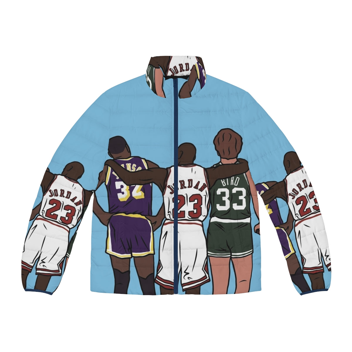 Retro Magic Johnson and Larry Bird Puffer Jacket with basketball and vintage design