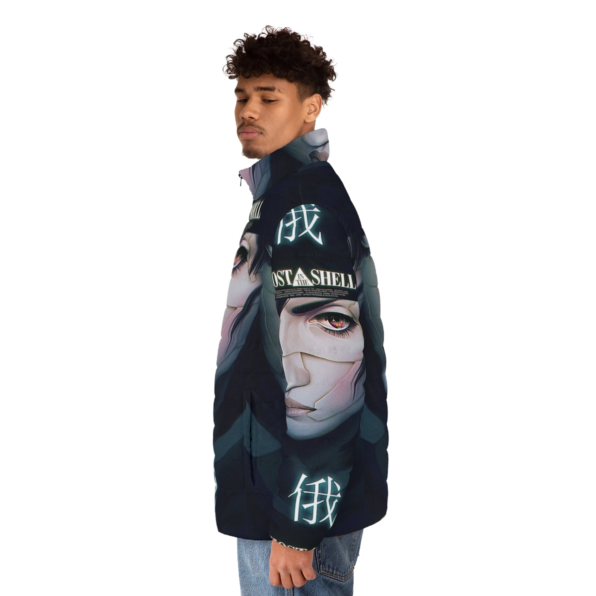 Ghost in the Shell cyberpunk puffer jacket featuring Motoko Kusanagi and futuristic, robotic imagery - men side left