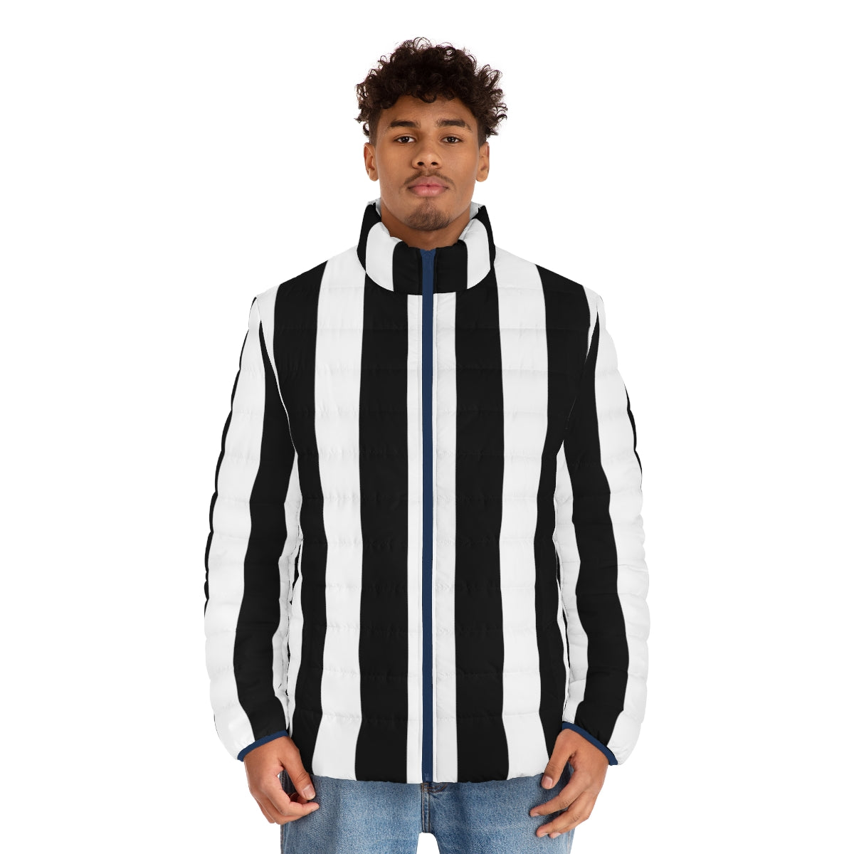 Black and white vertical striped puffer jacket - men front