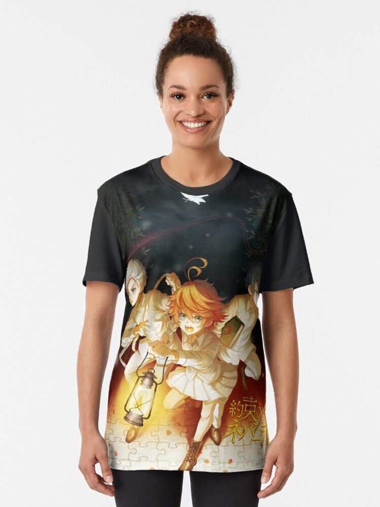 The Promised Neverland [Yakusoku no Nebārando] graphic t-shirt featuring characters Emma, Norman, and Ray - Women