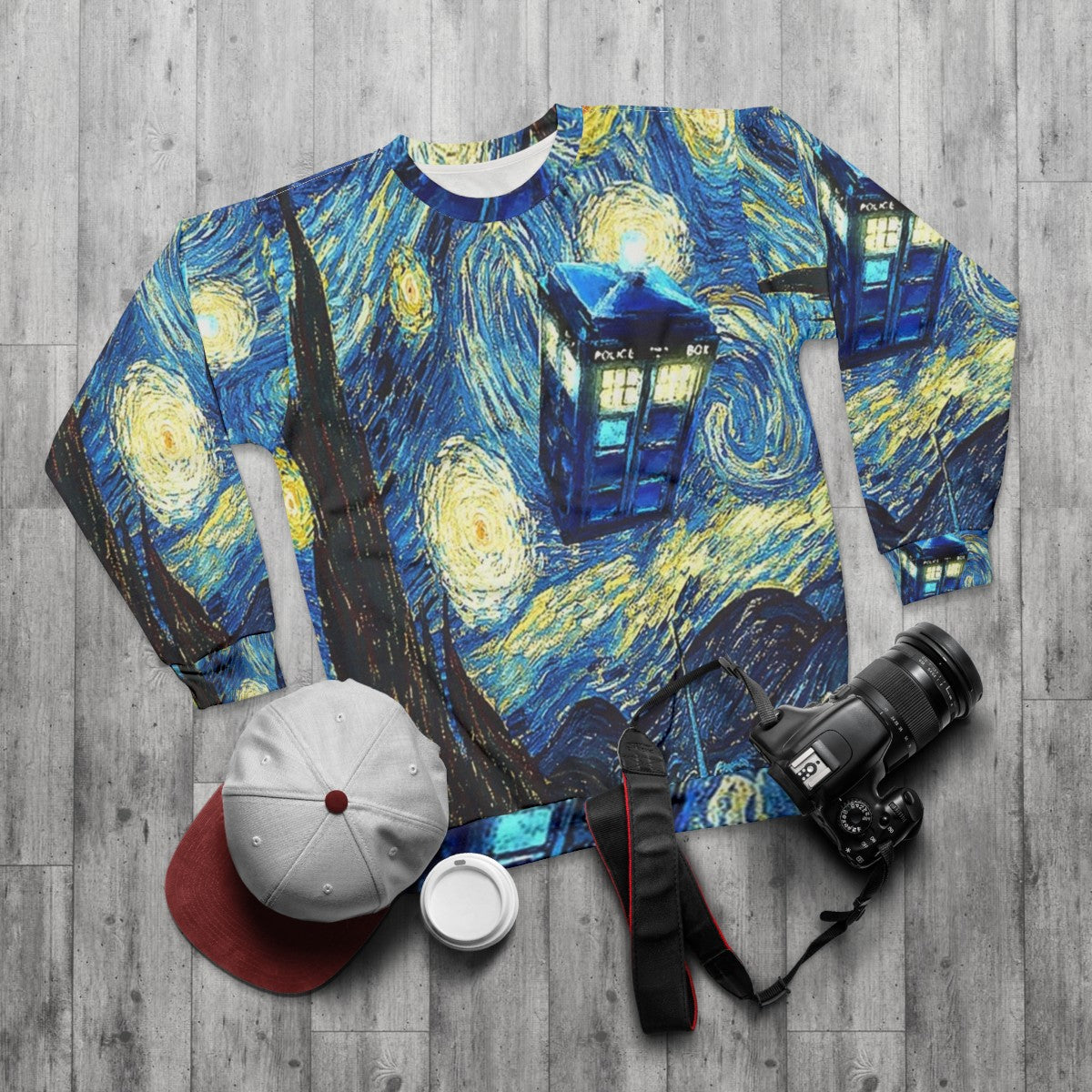 Celestial Van Gogh Sweatshirt with space and night sky design - flat lay