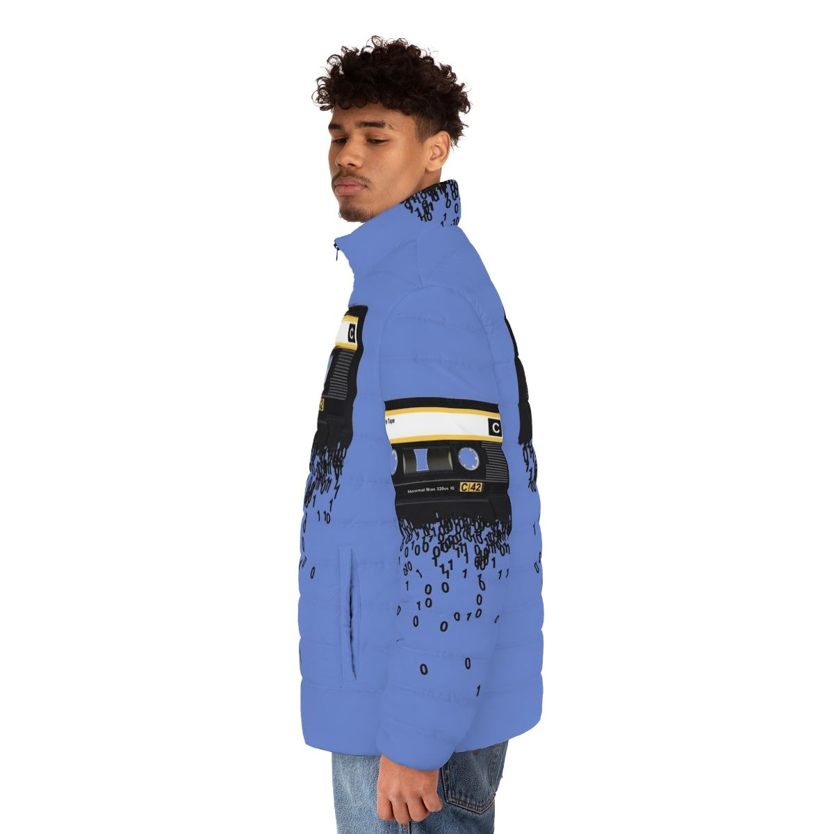 A puffer jacket featuring a vintage cassette tape design, perfect for music lovers and retro enthusiasts. - men side left