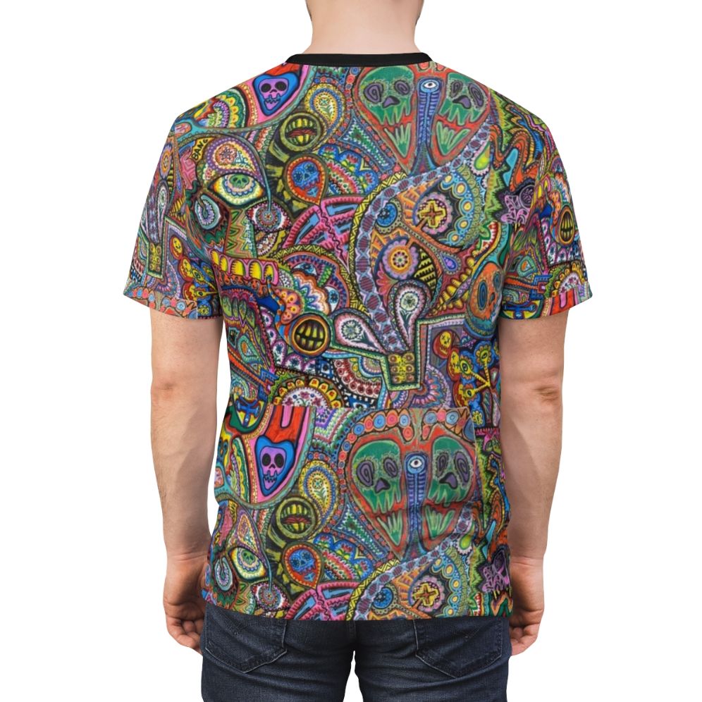 "Trippy psychedelic t-shirt featuring vibrant abstract and colorful patterns" - men back