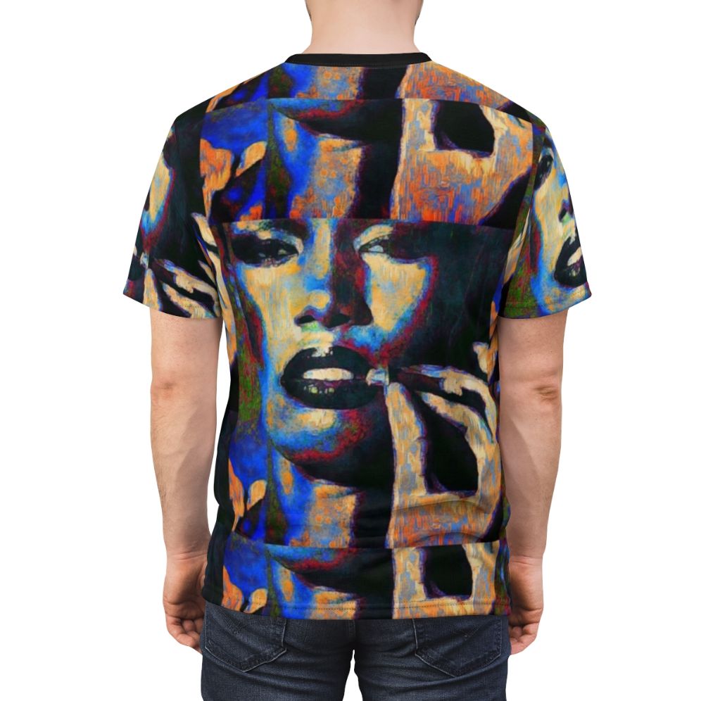 Graphic t-shirt featuring a colorful portrait illustration of music icon Grace Jones - men back