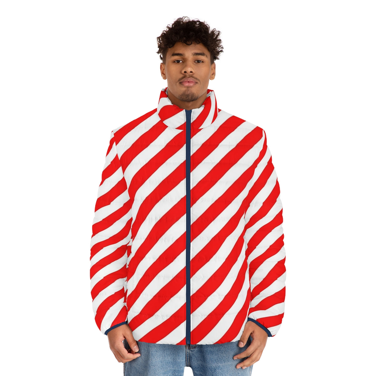 Red and white diagonal stripes puffer jacket - men front